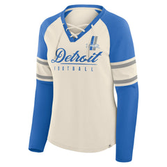 Detroit Lions Women's Hometown Gridiron Hero Raglan Lace-Up V-Neck Long Sleeve T-Shirt - Cream/Blue - Fanatics