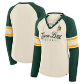 Green Bay Packers Women's Hometown Gridiron Hero Raglan Lace-Up V-Neck Long Sleeve T-Shirt - Cream/Green - Fanatics
