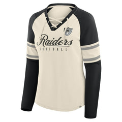Las Vegas Raiders Women's Hometown Gridiron Hero Raglan Lace-Up V-Neck Long Sleeve T-Shirt - Cream/Black - Fanatics