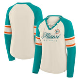 Miami Dolphins Women's Hometown Gridiron Hero Raglan Lace-Up V-Neck Long Sleeve T-Shirt - Cream/Aqua - Fanatics