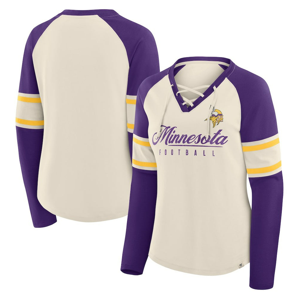 Minnesota Vikings Women's Hometown Gridiron Hero Raglan Lace-Up V-Neck Long Sleeve T-Shirt - Cream/Purple - Fanatics