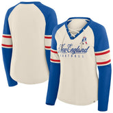 New England Patriots Women's Hometown Gridiron Hero Raglan Lace-Up V-Neck Long Sleeve T-Shirt - Cream/Royal - Fanatics