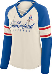 New England Patriots Women's Hometown Gridiron Hero Raglan Lace-Up V-Neck Long Sleeve T-Shirt - Cream/Royal - Fanatics