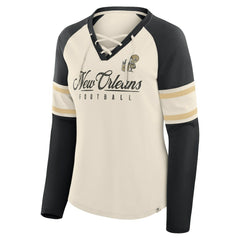 New Orleans Saints Women's Hometown Gridiron Hero Raglan Lace-Up V-Neck Long Sleeve T-Shirt - Cream/Black - Fanatics
