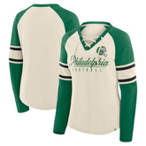 Philadelphia Eagles Women's Hometown Gridiron Hero Raglan Lace-Up V-Neck Long Sleeve T-Shirt - Cream/Kelly Green - Fanatics