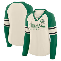 Philadelphia Eagles Women's Hometown Gridiron Hero Raglan Lace-Up V-Neck Long Sleeve T-Shirt - Cream/Kelly Green - Fanatics
