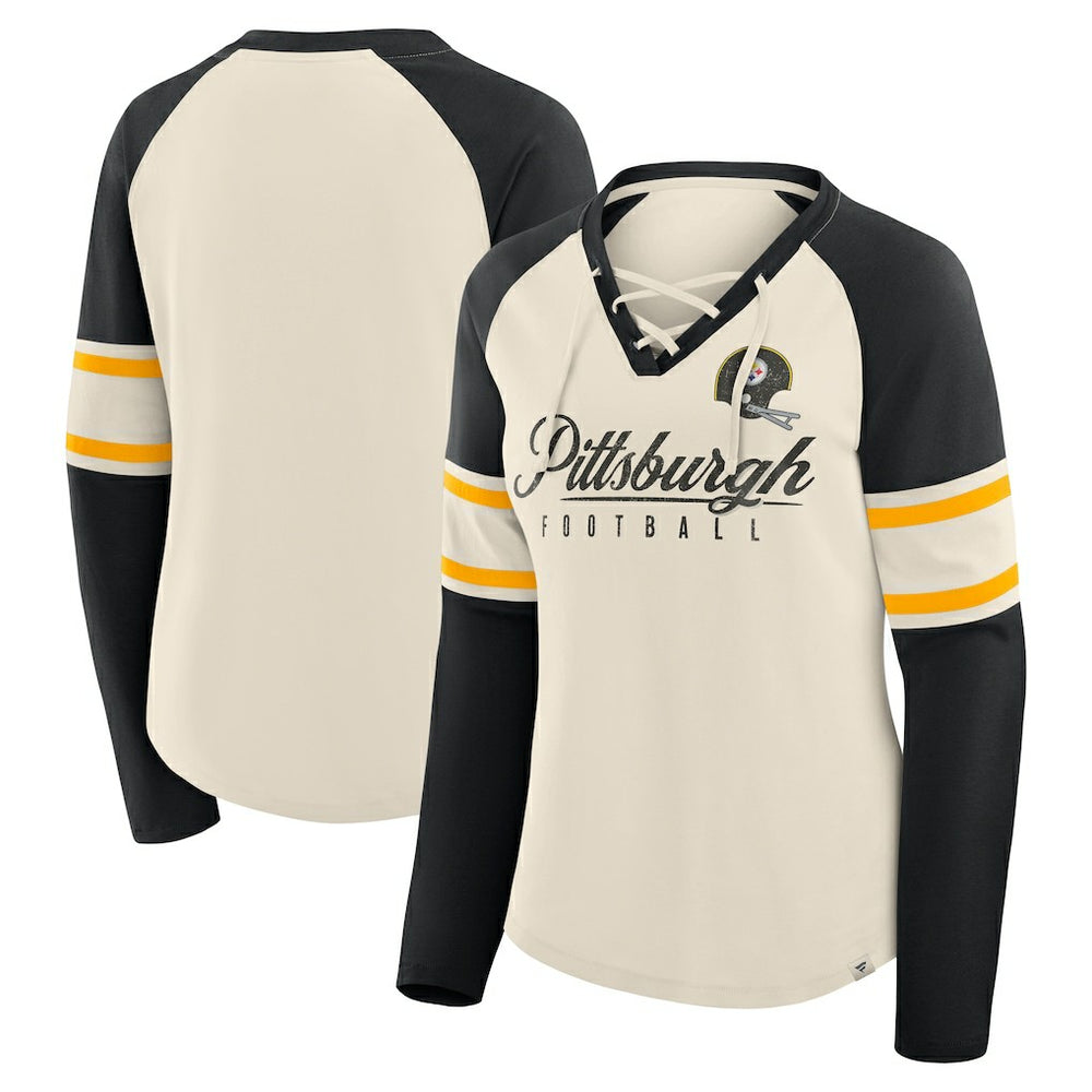 Pittsburgh Steelers Women's Hometown Gridiron Hero Raglan Lace-Up V-Neck Long Sleeve T-Shirt - Cream/Black - Fanatics