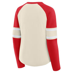 San Francisco 49ers Women's Hometown Gridiron Hero Raglan Lace-Up V-Neck Long Sleeve T-Shirt - Cream/Scarlet - Fanatics