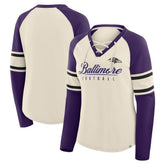 Baltimore Ravens Women's Hometown Gridiron Hero Raglan Lace-Up V-Neck Long Sleeve T-Shirt - Cream/Purple - Fanatics