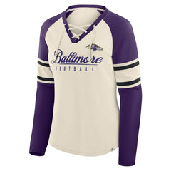 Baltimore Ravens Women's Hometown Gridiron Hero Raglan Lace-Up V-Neck Long Sleeve T-Shirt - Cream/Purple - Fanatics