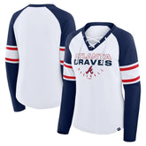 Atlanta Braves Fanatics Women's Blitz Package Raglan Lace-Up V-Neck Long Sleeve T-Shirt Outlet