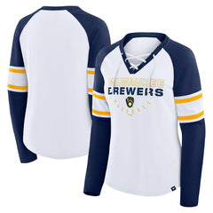 Milwaukee Brewers Fanatics Women's Blitz Package Raglan Lace-Up V-Neck Long Sleeve T-Shirt Online