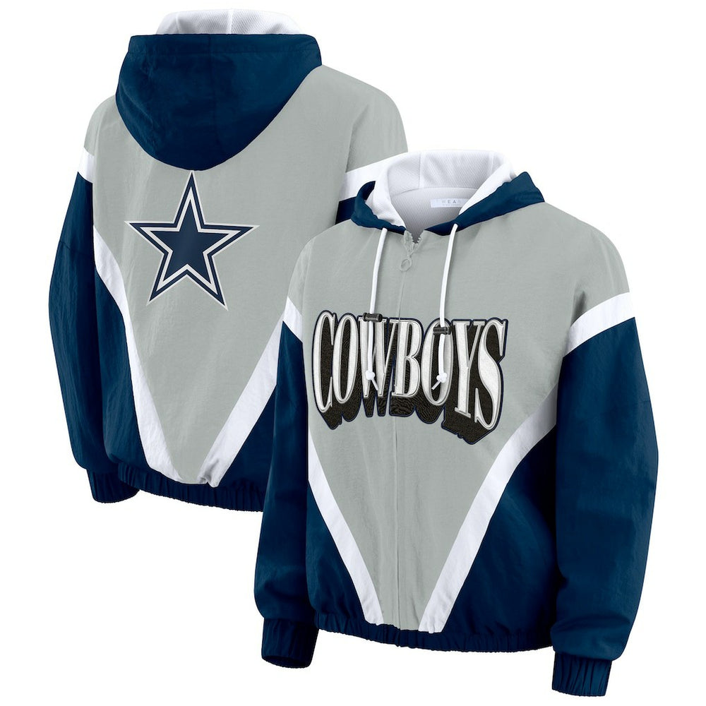 Dallas Cowboys WEAR by Erin Andrews Women's Plus Size Retro Crinkle Full-Zip Hoodie Windbreaker Jacket - Navy/Gray - NFL