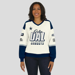 Dallas Cowboys WEAR by Erin Andrews Women's Racing Crew V-Neck Sweatshirt - Cream - NFL