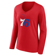 Philadelphia 76ers Women's Primary Logo Long Sleeve V-Neck T-Shirt Red