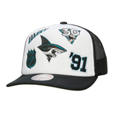 San Jose Sharks Mitchell & Ness Gridlock Trucker Adjustable Hat - White/Black | NHL Lifestyle