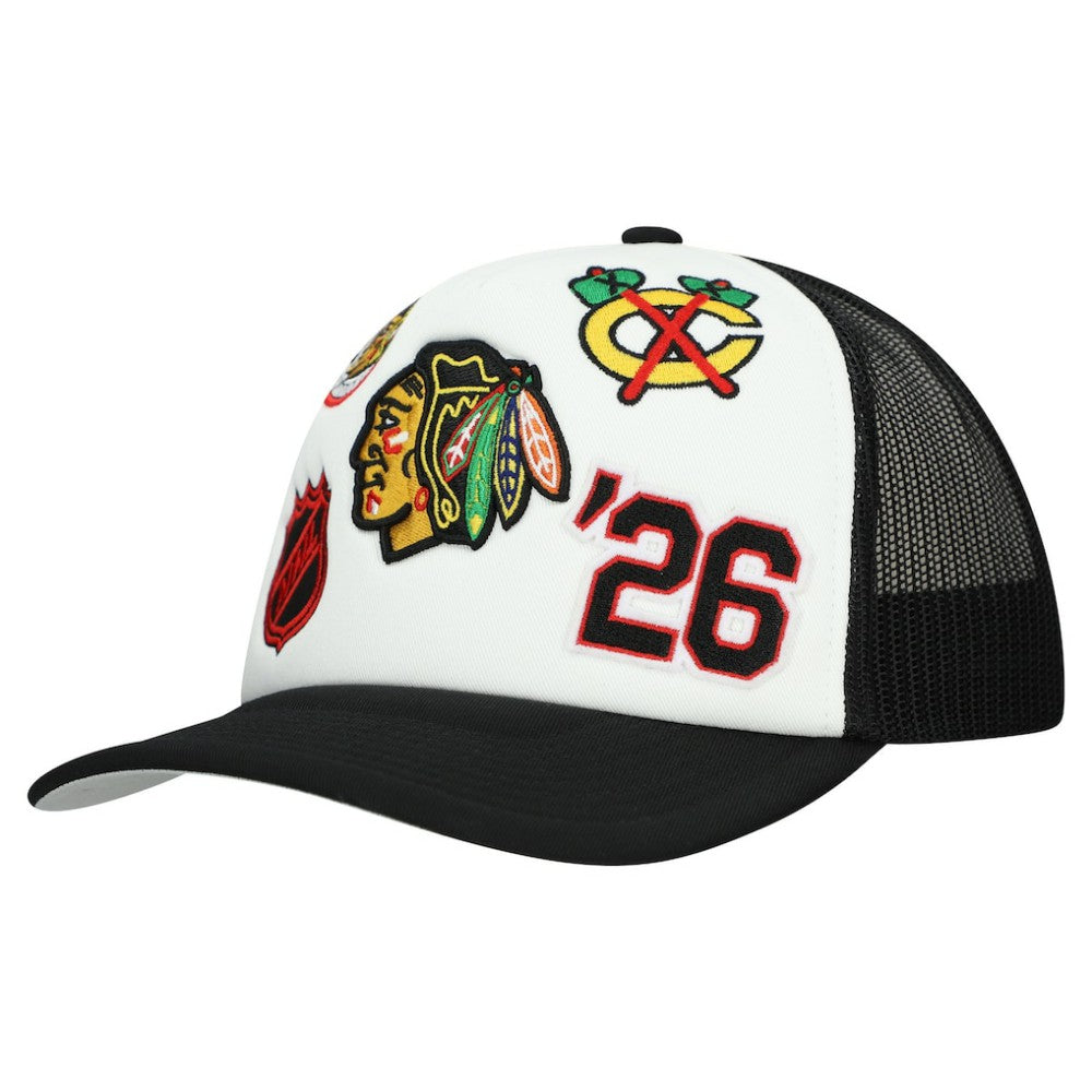Chicago Blackhawks Mitchell & Ness Gridlock Trucker Adjustable Hat - White/Black | NHL sale
