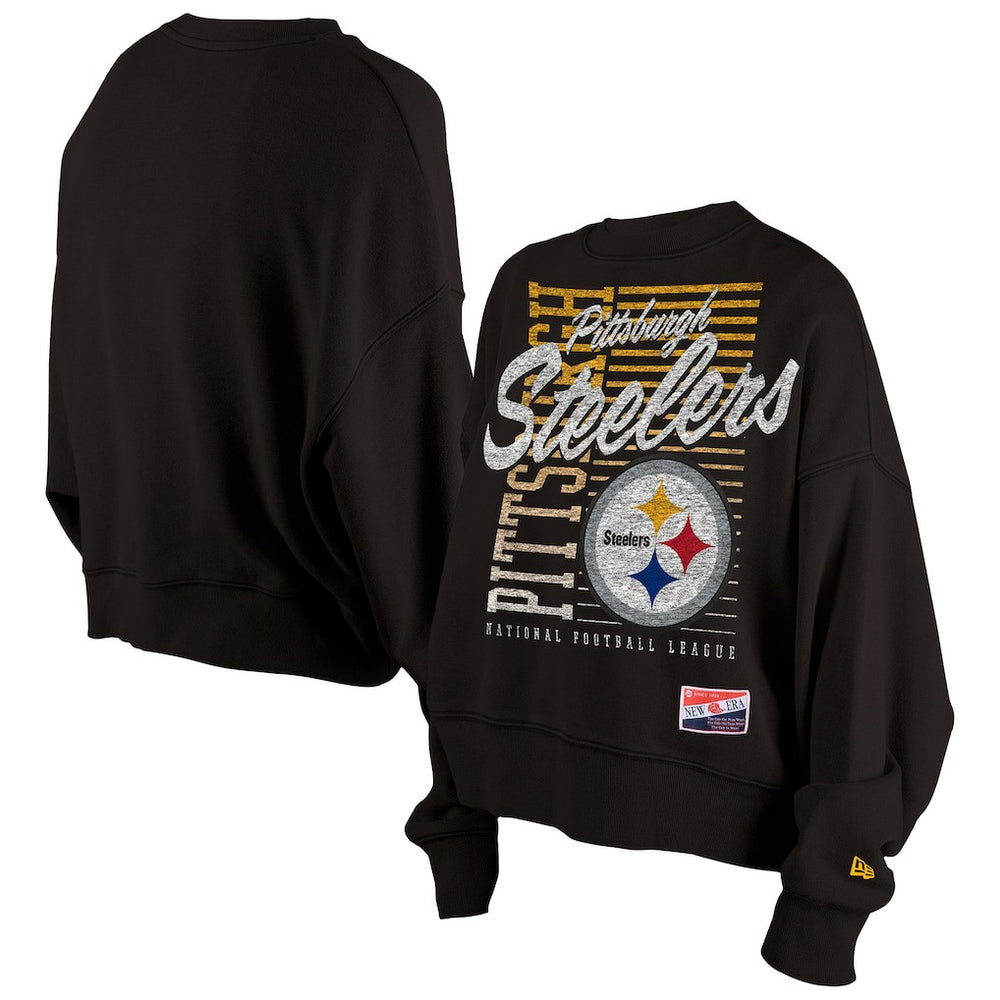 Pittsburgh Steelers New Era Women's Oversized Throwback Mineral Wash Crew Neck Sweatshirt - Black - NFL