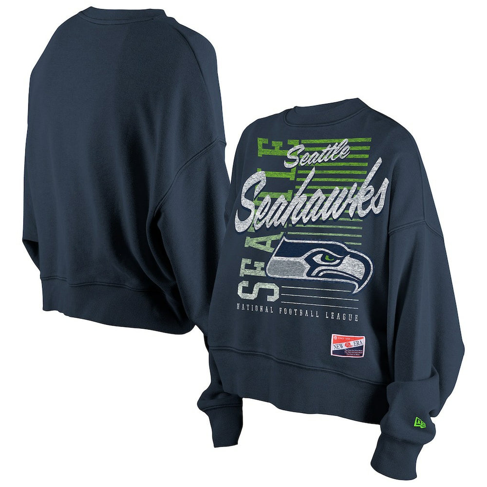 Seattle Seahawks New Era Women's Oversized Throwback Mineral Wash Crew Neck Sweatshirt - College Navy - NFL