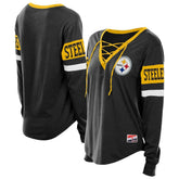 Pittsburgh Steelers New Era Women's Throwback Lace-Up Long-Sleeve T-Shirt - Black - NFL