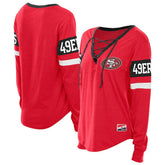 San Francisco 49ers New Era Women's Throwback Lace-Up Long-Sleeve T-Shirt - Scarlet - NFL