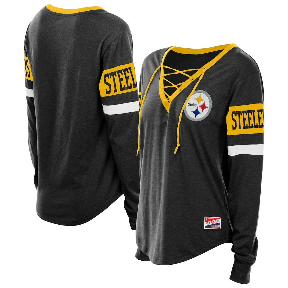 Pittsburgh Steelers New Era Women's Plus Size Throwback Lace-Up Long Sleeve T-Shirt - Black - NFL
