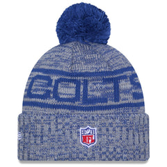 Indianapolis Colts New Era 2025 Sideline Cold Weather Cuffed Knit Hat with Pom - Royal - NFL