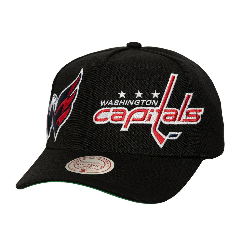 Washington Capitals Mitchell & Ness Busted Logo Wordmark Wrap-Around Pro Pinch Adjustable Hat - Black | NHL Lifestyle