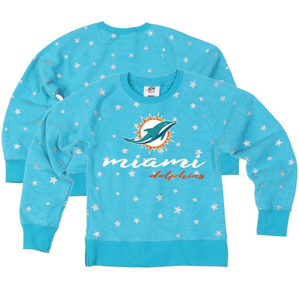 Miami Dolphins Wes & Willy Girls Youth Shimmer Star Reverse Fleece Pullover Sweatshirt - Aqua - NFL