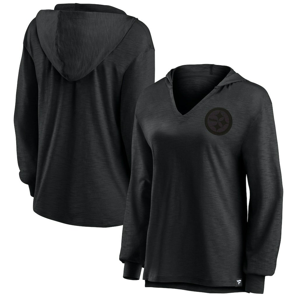 Pittsburgh Steelers Women's Blackout Slub Hoodie V-Neck Long Sleeve T-Shirt - Fanatics