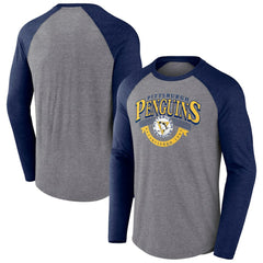 Pittsburgh Penguins Fanatics Goal Crease Raglan Tri-Blend Long Sleeve T-Shirt - Heather Gray/Heather Navy | Fanatics Lifestyle
