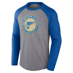 St. Louis Blues Fanatics 2022 NHL Winter Classic Vintage Distressed Raglan Tri-Blend Long Sleeve T-Shirt - Heather Gray/Heather Blue | Fanatics discount