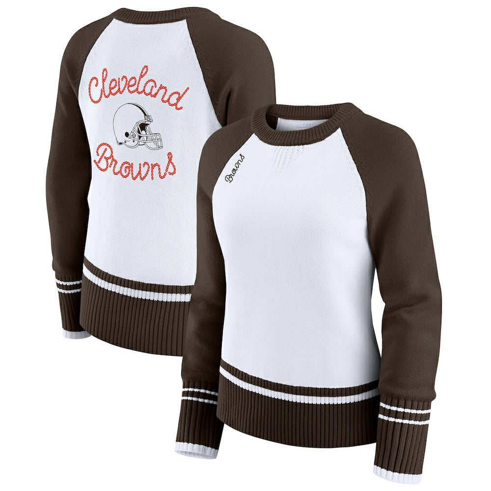 Cleveland Browns WEAR by Erin Andrews Women's Colorblock Raglan Sweater - White/Brown - NFL