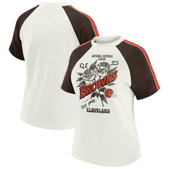 Cleveland Browns WEAR by Erin Andrews Women's Sleeve Stripe Distressed Raglan T-Shirt - White - NFL