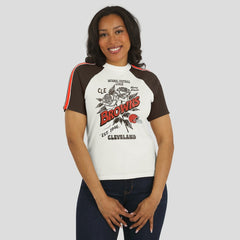 Cleveland Browns WEAR by Erin Andrews Women's Sleeve Stripe Distressed Raglan T-Shirt - White - NFL
