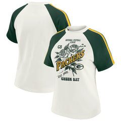 Green Bay Packers WEAR by Erin Andrews Women's Sleeve Stripe Distressed Raglan T-Shirt - White - NFL