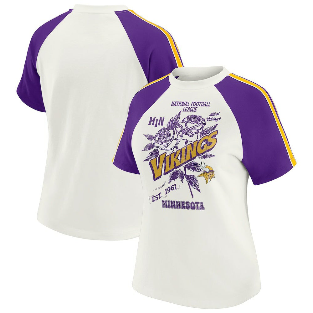 Minnesota Vikings WEAR by Erin Andrews Women's Sleeve Stripe Distressed Raglan T-Shirt - White - NFL