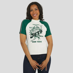 New York Jets WEAR by Erin Andrews Women's Sleeve Stripe Distressed Raglan T-Shirt - White - NFL