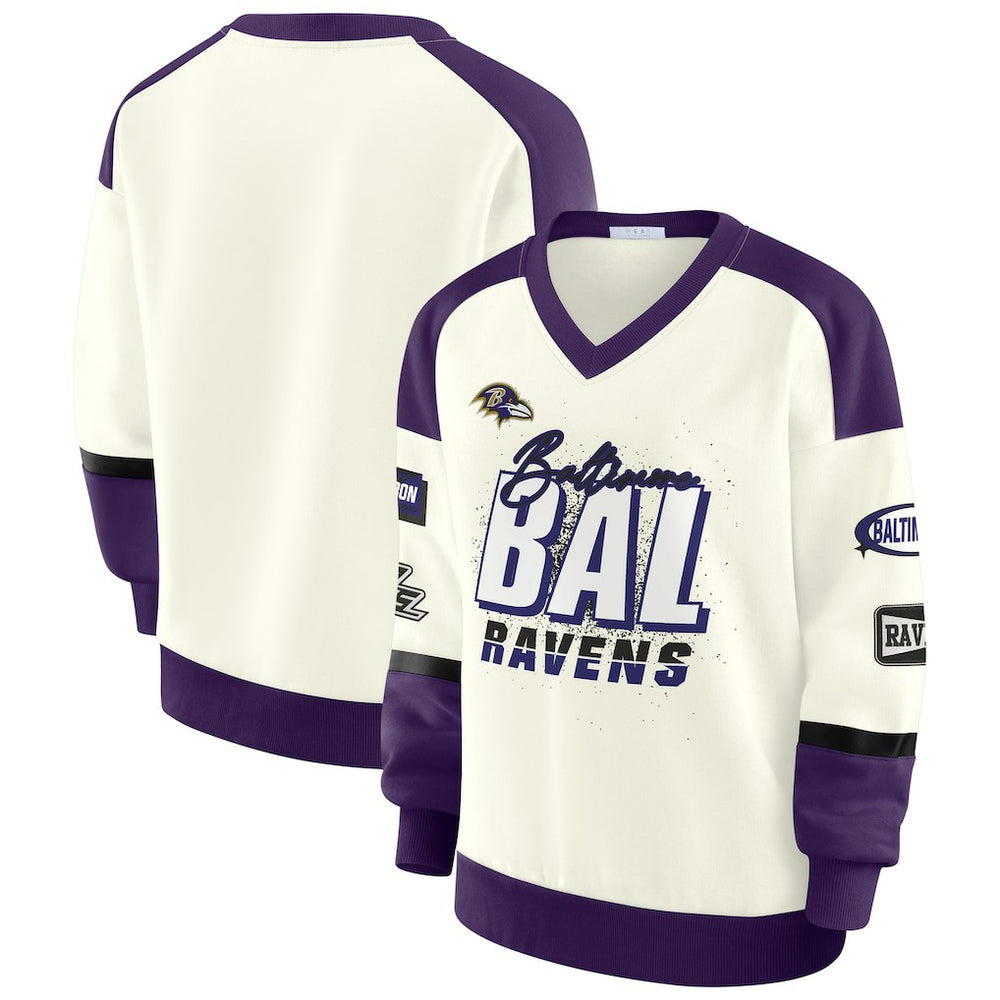 Baltimore Ravens WEAR by Erin Andrews Women's Racing Crew V-Neck Sweatshirt - Cream - NFL