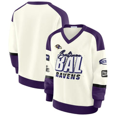 Baltimore Ravens WEAR by Erin Andrews Women's Racing Crew V-Neck Sweatshirt - Cream - NFL