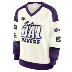 Baltimore Ravens WEAR by Erin Andrews Women's Racing Crew V-Neck Sweatshirt - Cream - NFL