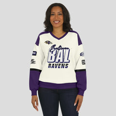 Baltimore Ravens WEAR by Erin Andrews Women's Racing Crew V-Neck Sweatshirt - Cream - NFL