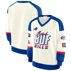 Buffalo Bills WEAR by Erin Andrews Women's Racing Crew V-Neck Sweatshirt - Cream - NFL