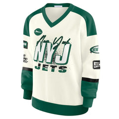 New York Jets WEAR by Erin Andrews Women's Racing Crew V-Neck Sweatshirt - Cream - NFL