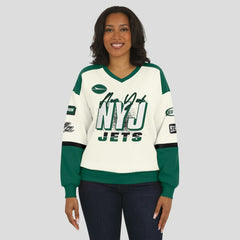 New York Jets WEAR by Erin Andrews Women's Racing Crew V-Neck Sweatshirt - Cream - NFL