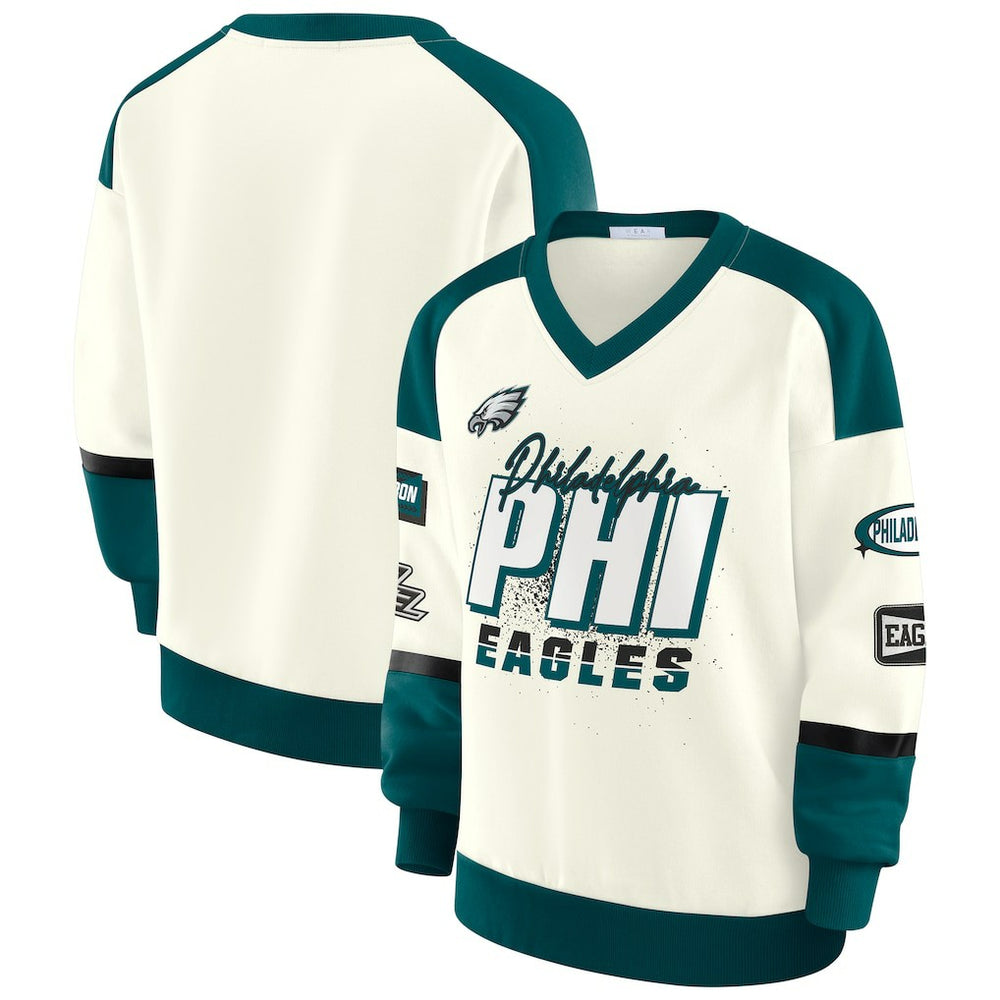 Philadelphia Eagles WEAR by Erin Andrews Women's Racing Crew V-Neck Sweatshirt - Cream - NFL