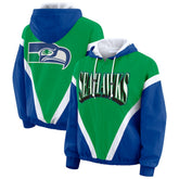 Seattle Seahawks WEAR by Erin Andrews Women's Plus Size Retro Crinkle Full-Zip Hoodie Windbreaker Jacket - Kelly Green/Royal - NFL
