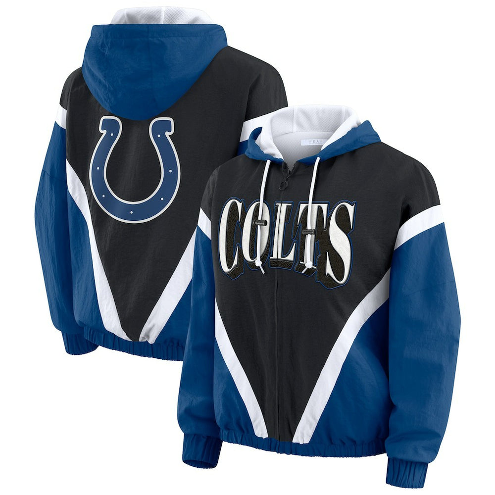 Indianapolis Colts WEAR by Erin Andrews Women's Plus Size Retro Crinkle Full-Zip Hoodie Windbreaker Jacket - Black/Royal - NFL