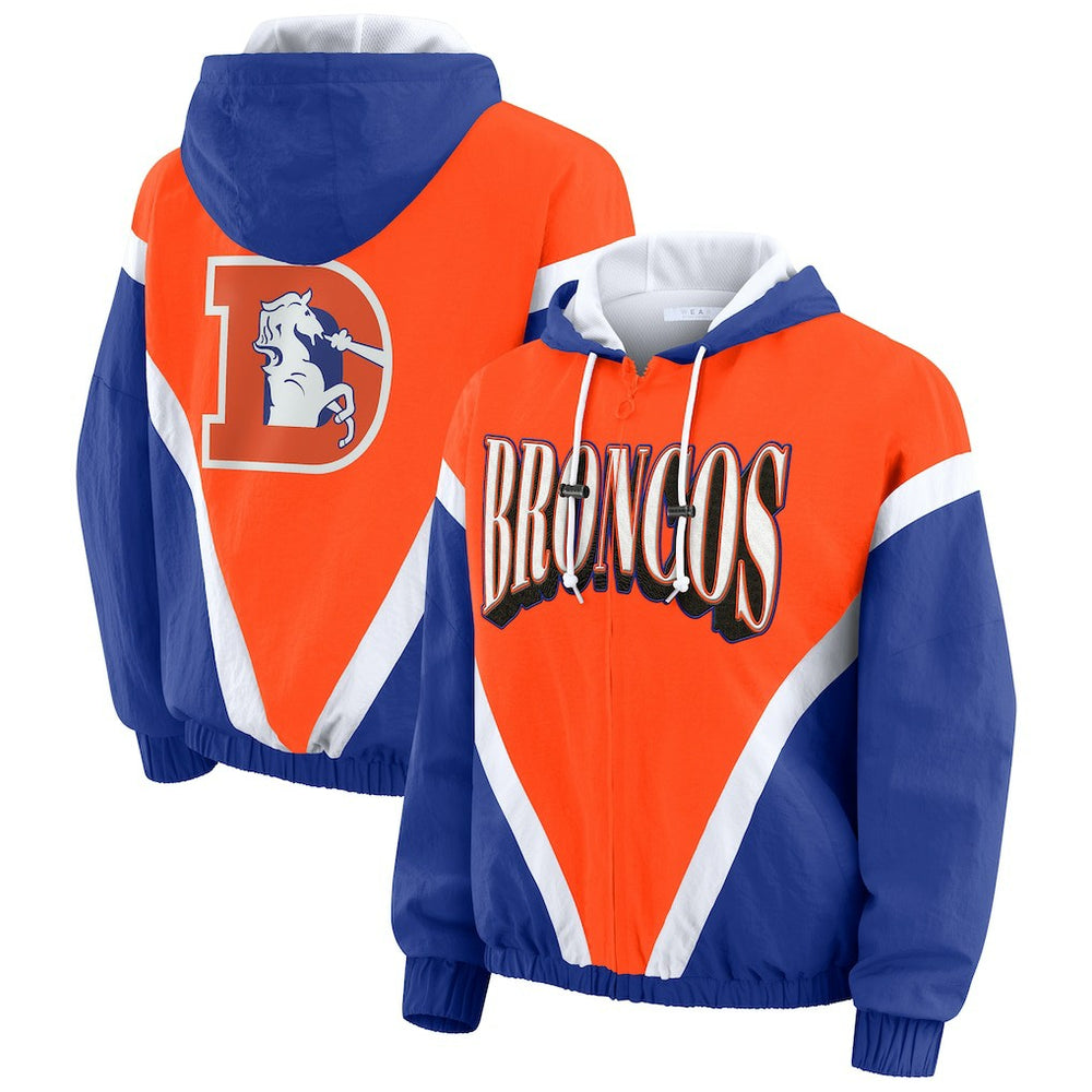 Denver Broncos WEAR by Erin Andrews Women's Plus Size Retro Crinkle Full-Zip Hoodie Windbreaker Jacket - Orange/Royal - NFL