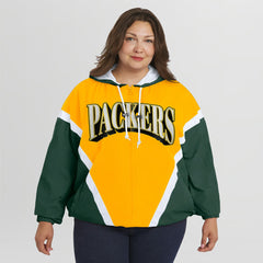 Green Bay Packers WEAR by Erin Andrews Women's Plus Size Retro Crinkle Full-Zip Hoodie Windbreaker Jacket - Gold/Green - NFL